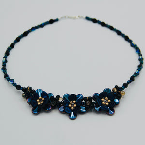 Andrea Grand Necklace Triple Flower in Shiny Navy Blue