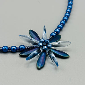 Elizabeth Beaded Necklace with Matte Blue Flower and Pearls