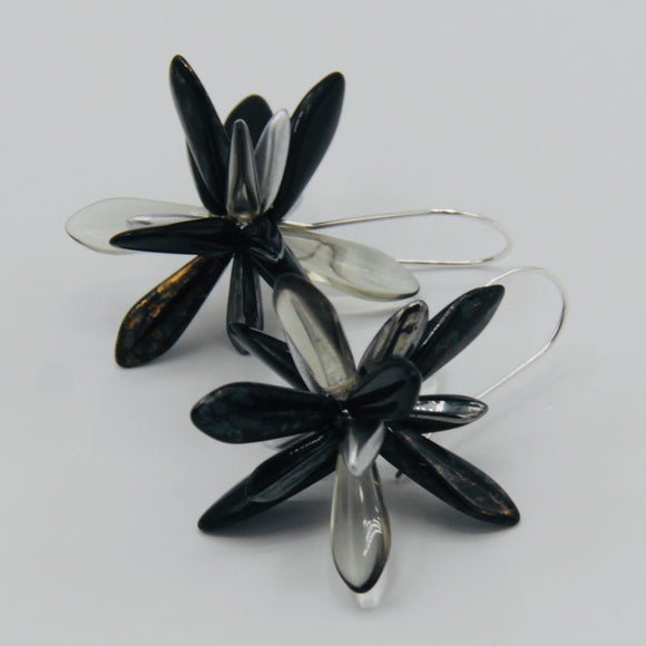 Shelalee Eileen Earrings Black Gray Czech Glass Beads Sterling Silver