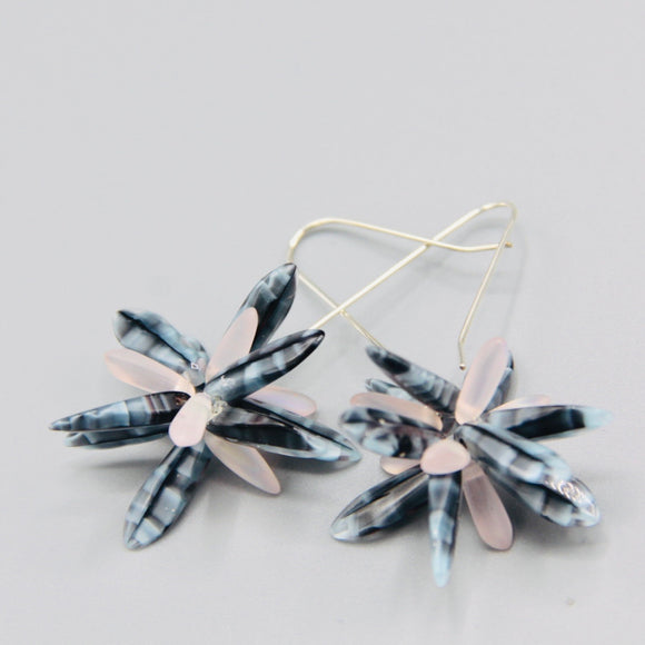 Natalie Earrings in Black and Blue Marble with Matte Pink